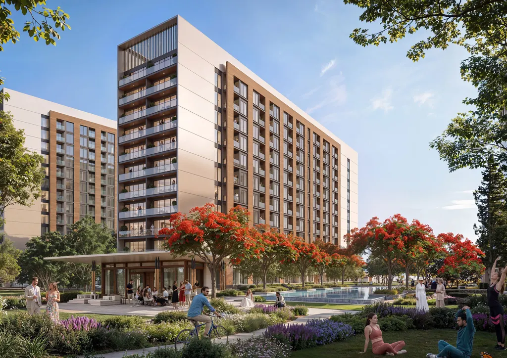 Mid-rise residences of The Woods around a landscaped courtyard