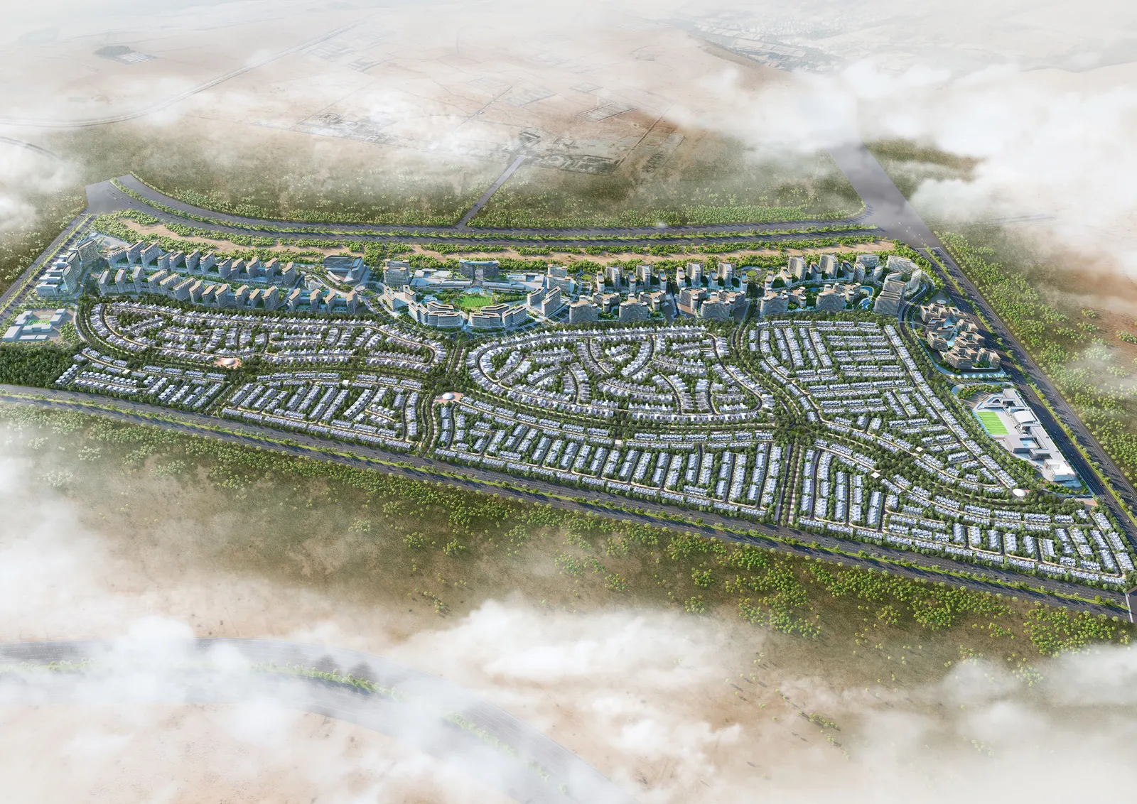 Aerial render of the Sobha Sanctuary masterplan surrounded by clouds