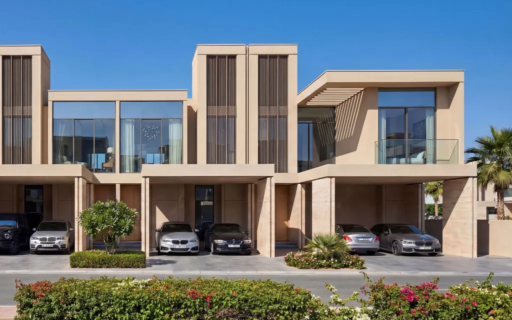 A row of garden villas with covered parking