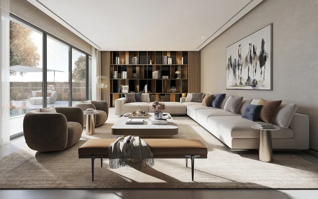 Estate villa living room with garden views