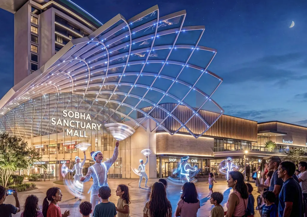 Families gathering outside Sobha Sanctuary Mall at dusk