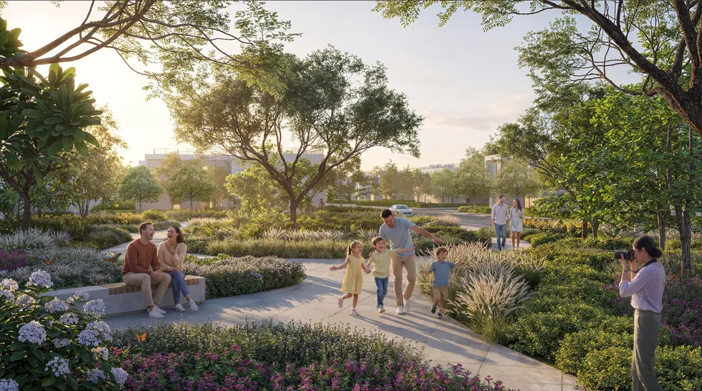 Families walking a shaded garden path at golden hour